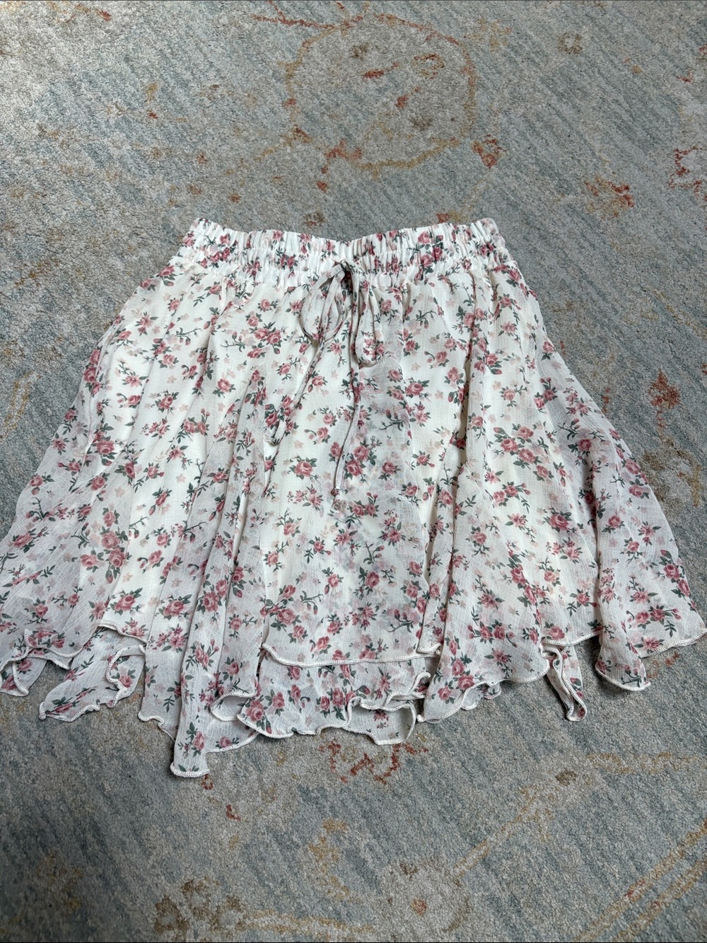 Floral Pink & Cream Tiered Skater Skirt with Drawstring Waist